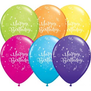 6 Ballons Happy Birthday étoiles serpentins