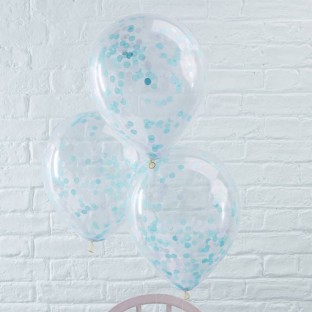 5 ballons transparents confettis bleus