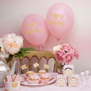 8 ballons Happy Birthday rose et or fille