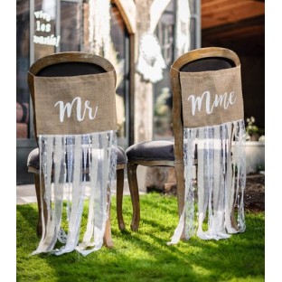 Fanions chaise mariage Mr et Mme jute dentelle ruban