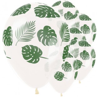 25 ballons blanc feuilles tropicales vertes